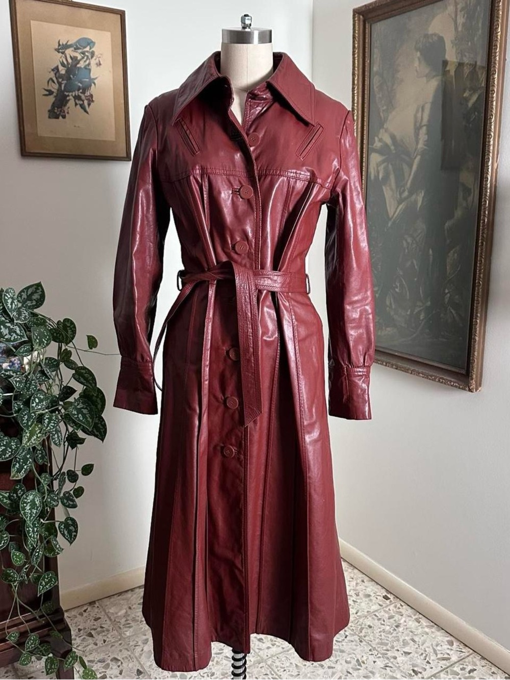 Vintage 70s Sears burgundy dark red genuine leather button up trench coat
